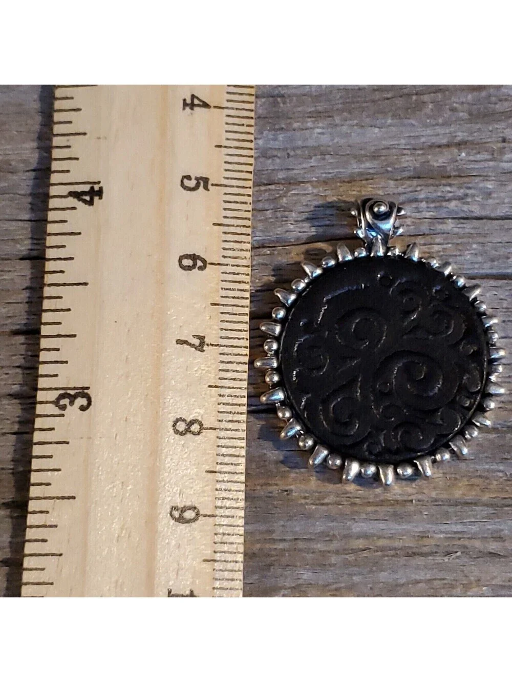 Vintage Black Leather Embossed Swirls Bali Style Bail Silver Pewter Pendant